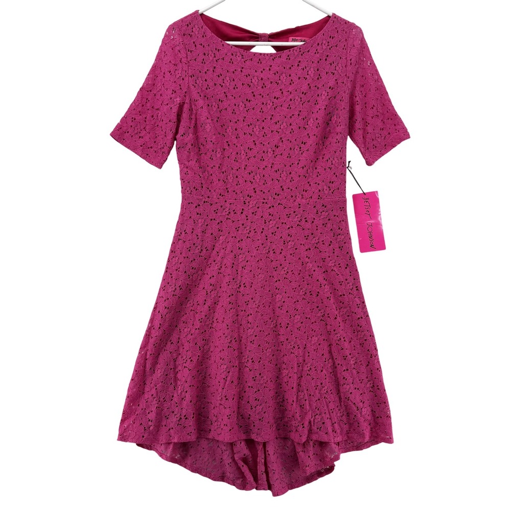 Betsey Johnson Dress Womens 10 Pink‎ Floral Lace Fit & Flare Skater Open Back
